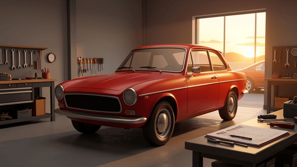 Carro clássico vermelho em uma garagem moderna no oeste do Paraná
